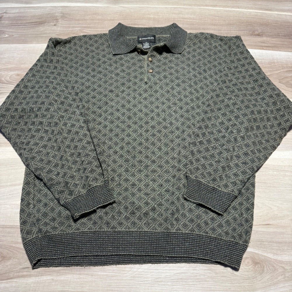 Conte di Milano Polo Sweater Mens Large Olive Green Diamond Knit Made in Italy